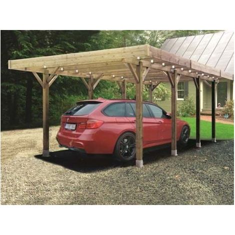 Carport 4x5m en bois de pin traité – Hauteur 2,5m – Surface 11,64m² – Ancrage au sol pour terrains meubles et durs – Solid (1/5)