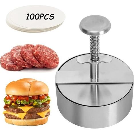 Presse à Burger - Inox - Ajustable - Antiadhésif - 100 Feuilles de Papier Cuisson (1/4)