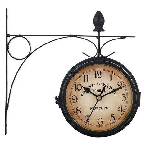 Horloge Vintage Double Face Horloge Murale de Fer Pendule Murale Gare Vintage avec Support pour l'intérieur et l'extérieur, noir (1/4)