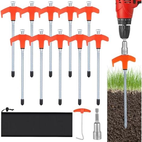 10 Piquets de Tente, Sardines Camping Equipé d'un Extracteur de Tente Piquets, d'une Prise Hexagonale et d'un Sac de Rangement pour Le Camping, Jardin et L'extérieur