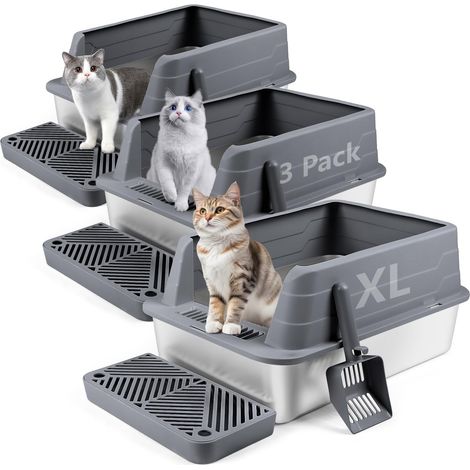 Bac à litière pour Chat en Acier Inoxydable avec Pelle, bac à litière à Bords Hauts pour éviter Les éclaboussures, sans Odeur, Non Collant, Facile à Nettoyer (Gris foncé, 3 unité) (1/5)