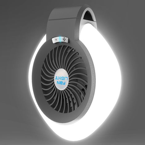 Tragbarer Campingventilator mit LED-Beleuchtung, einstellbarer Helligkeit, Windgeschwindigkeit, geräuscharmer Betrieb und wiederaufladbarem Akku.