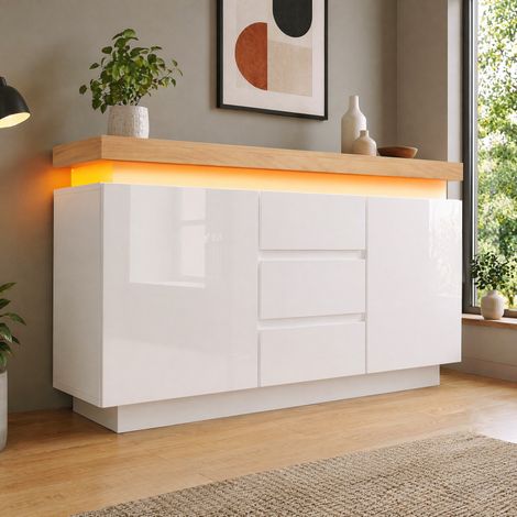 Madia bianca lucida con LED, 2 ante e 3 cassetti 140 x 39 x 81 cm HAVRYA (1/5)