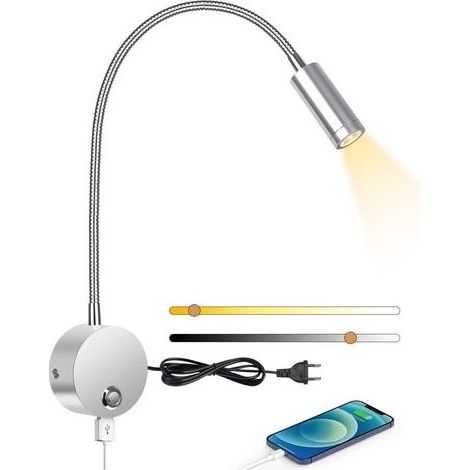 3-W-LED-Wandleuchte mit USB-Anschluss – 360° flexibler Schwanenhals – 3 Farbtemperaturen 3000–6000 K – Einfache Installation (1/5)