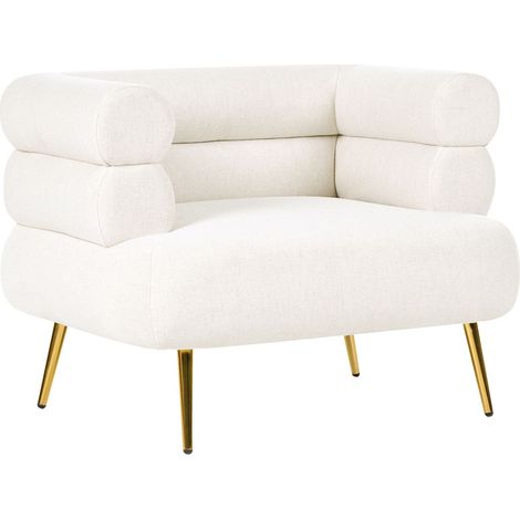 Poltrona decorativa con rivestimento in tessuto e gambe in acciaio dorato bianco sporco Bovik