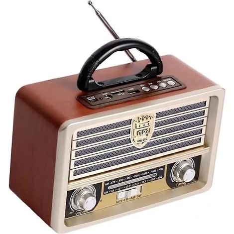 Radio en bois rétro, radio FM, lecteur CD, design antique, basses puissantes, mini enceinte extérieure, volume sonore élevé.