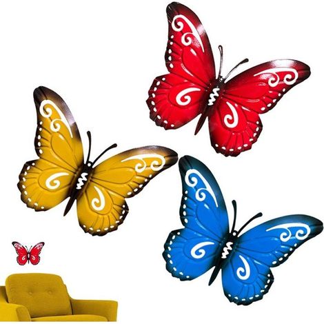 Lot de 3 papillons décoratifs muraux, en métal résistant, motifs de jardin, décoration extérieure et intérieure