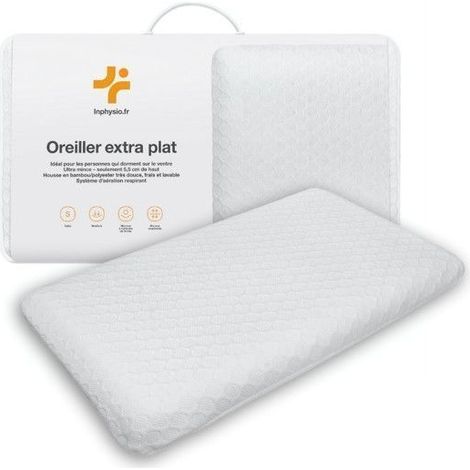 Oreiller Extra Plat - INPHYSIO - 58x38x7 cm - Mousse à Mémoire de Forme - Ergonomique - Antiacarien
