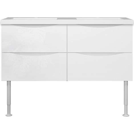 Meuble de salle de bain 120 cm, 4 tiroirs, MDF blanc, avec double vasque + pieds (1/5)