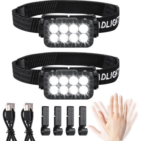 Set mit 2 wiederaufladbaren LED-Stirnlampen - Superhell - 2500 Lumen - 5 Beleuchtungsmodi - Leicht - IPX6 - Wasserdicht - Lichtsensor - Für Outdoor-Aktivitäten, Camping, Laufen, Angeln usw. (1/5)