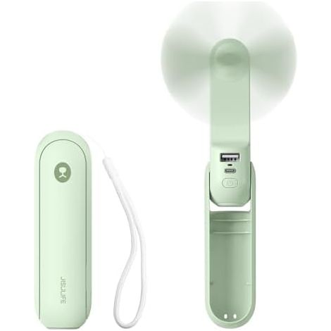 JISULIFE Handventilator, Mini Tragbarer Handventilator, Batteriebetrieben [14-21 Stunden], Wiederaufladbarer, Faltbarer USB-Lüfter, Leiser Persönlicher Ventilator Powerbank, Taschenlampe-Minzgrün (1/5)