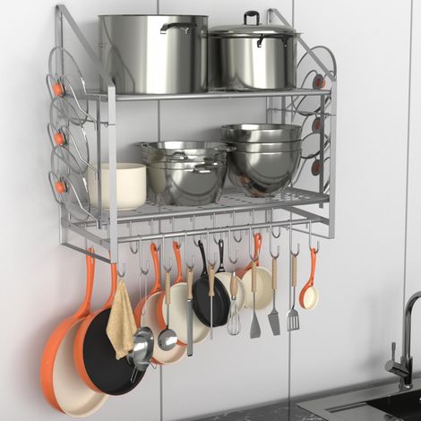 Étagère murale de 89,9 cm, organiseur de casseroles et poêles à 2 niveaux avec 20 crochets et 6 supports de couvercles de casserole, en acier robuste pour rangement d'ustensiles de cuisine (1/5)