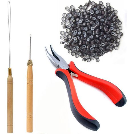 Kit Micro-Anneaux - Pince À Micro-Anneaux + Aiguille + 500 Micro-Anneaux + Crochets Bois - Pour Extensions De Cheveux - 1 Set (1/5)