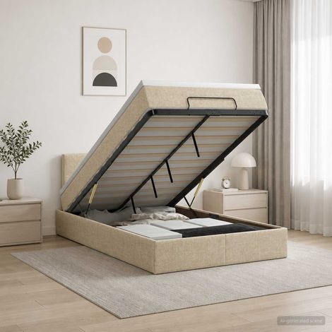 Cama tipo otomana con colchón y LED Crema 120 x 200 cm Tela (1/5)