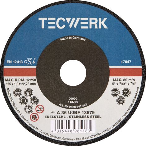 Disco  de  corte  D125x1mm  grano  cerámico  recto  orificio  22,23mm  TECWERK (1/2)