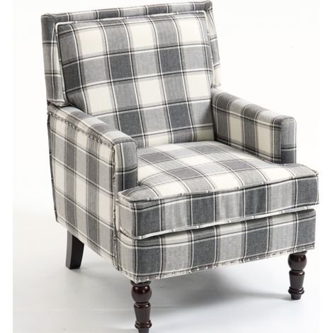 Poltrona imbottita vintage con rivestimento a righe grigio bianco e finitura con borchie, MODENUIT (1/5)