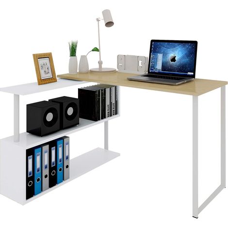 WOLTU Mesa de Ordenador Escritorio Puede Girar el Angulo Mesa de Trabajo PC Mesa Portátil con Estantes 120x100x74cm (WxDxH) MDF Roble Claro