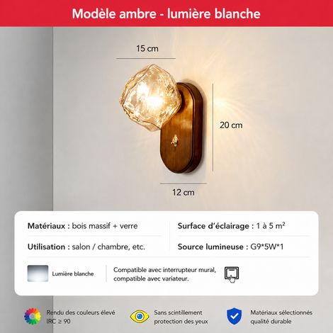 Applique murale LED verre et bois ambre - lumière blanche pour chambre chevet couloir 1 kg – Livraison gratuite