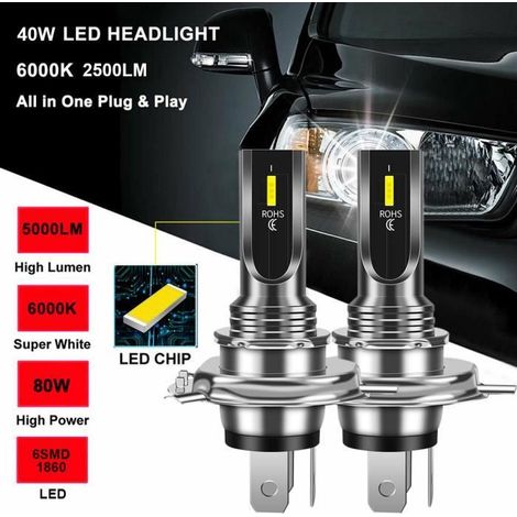 2PCS Ampoules de phare H4 LED 80W ultra-haute luminosité 6000K blanc (1/4)