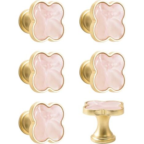 6 PCS Poignée de trèfle à quatre feuilles, tiroir d’armoire créatif tire des boutons multifonctionnels en alliage de zinc à trou unique/base dorée avec surface rose (1/4)