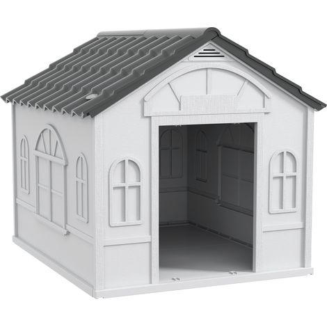 Niche pour chien moyenne et grande PP étanche, toit incliné porte d’entrée, abri animal 84,2x98,2x82 cm, gris