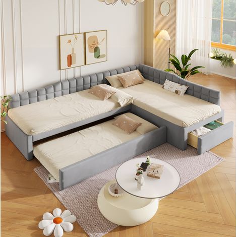 Letto angolare per bambini a forma di L 90x200 cm con letto estraibile, cassetti e rivestimento in flanella grigia, salvaspazio (1/5)