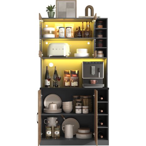 Armoire De Cuisine Buffet Vaisselier Avec Éclairage LED Et Passe-Câbles, Meuble Micro-Ondes Indépendant En Bois, 100x47x187cm, Gris/Naturel (1/5)