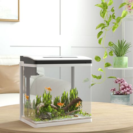 Aquarium en verre 29x20x30,5 cm Blanc 13L Petit avec système de filtrage Éclairage LED Pompe à eau