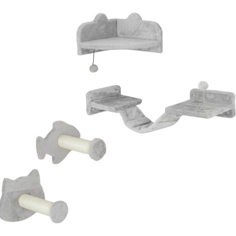 Set de mur d'escalade pour chat 4 pièces avec marches en sisal, double plateforme, gris clair et crème, meuble mural gain de place - CHICFURN (1/5)