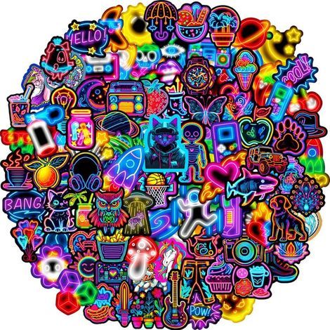 100 coole Neon-Aufkleber, wasserfeste Vinyl-Aufkleber, Aufkleber für Skateboard, Scrapbooking, PC, Laptop, Koffer, Handy, MacBook, Flasche, Tablet, Tagebuch, Gitarre usw. (1/5)