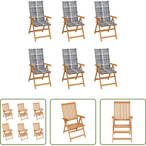 Teakholz - Gartenstühle 6 Stk. Graue Karomuster-Kissen Massivholz Teak (1/5)