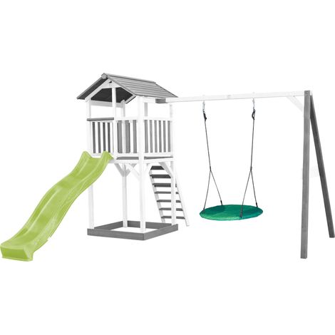 Axi Beach Tower Aire De Jeux Avec Toboggan En Vert Clair, Balançoire Nid D'Oiseau Vert & Bac À Sable Grande Maison Enfant Extérieur En Gris & Blanc Cabane De Jeu En Bois Fsc (1/5)