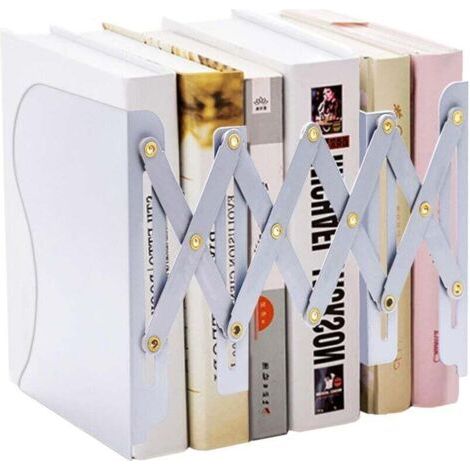 Serre-livres réglable en métal, Serre-livres télescopique pour pour cuisine, bureau, ecole,chambre, salon,bibliothèque s'étend jusqu'à 48 cm (blanc)