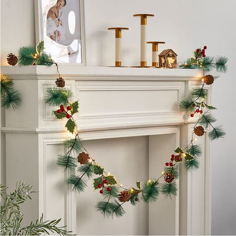Guirlande de pommes de pin de Noël à LED, batterie de guirlandes lumineuses 2M 20LED avec cloches de baies rouges pour la fête de Noël, lumière de décoration extérieure pour jardin et intérieur (batte (1/5)