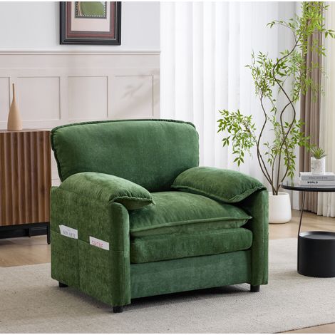 Canapé 1 place en chenille vert foncé avec poches de rangement latérales (1/5)