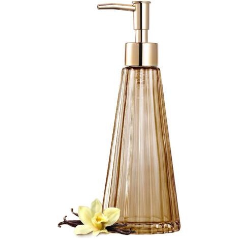 "Elegante antico distributore di sapone in vetro, distributore di sapone, dispensatore per disinfettante e shampoo con pompon, decorazione rustica da fattoria, accessori per il bagno (colore ambra)" (1/5)