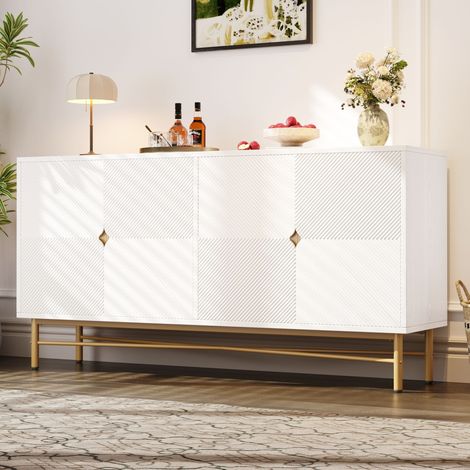 Buffet à texture surélevée 160 cm,armoire avec quatre portes,poignées dorées brossées et pieds de table très brillants,blanc,160×40×82 cm(GO)