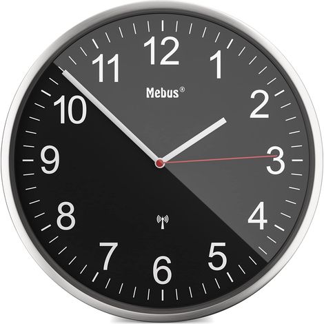 Horloge Murale radiofréquence Grande Horloge radiofréquence Moderne Cadre en Aluminium, Bien lisible, Horloge de Gare, Salon, Bureau, Couleur : Noir, 30 cm (1/5)