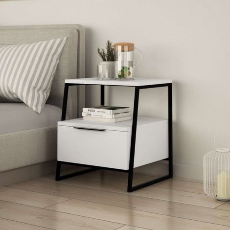 Comodino con cassetto e ripiani colore bianco con gambe metallo nere 45x41x50H cm - Paul
