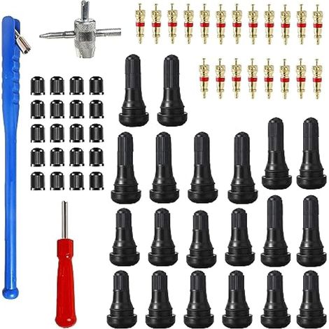 63 Pièces Kit d'outils de Réparation de Valve de Pneu de Voiture, Outil de Valve 4 Voies avec 20 Noyaux de Valve, 20 Bouchons de Valve de Pneu, Outil de Dépose Tige Valve de Pneu Simple Tête (1/4)
