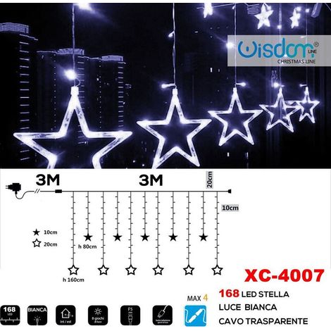 Wisdom - Tenda Luminosa Natalizia 168 Led Con Stelle Luce Bianca Cavo Trasparente Xc-4007 -