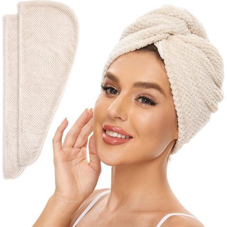Asciugamano in microfibra per capelli，confezione da 2，accessorio per la cura dei capelli (beige) (1/5)