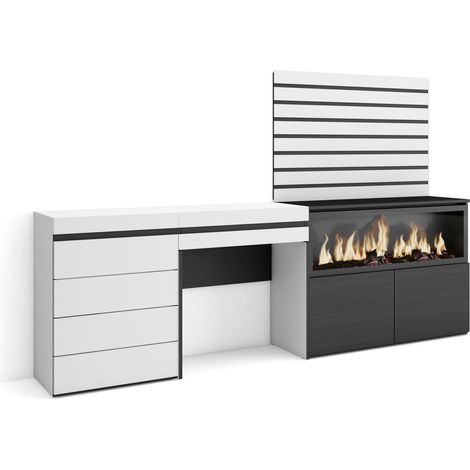 Skraut Home - Tocador, Dormitorio habitación, 234x145x35 cm, Con cajón, Chimenea eléctrica XXL, Cómoda, Cajonera, Listones Decorativos, Estilo Moderno, Blanco (1/5)
