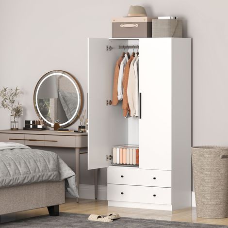 Armoire, 2 portes, penderie, tringle, 2 tiroirs, MDF, blanche (1/5)