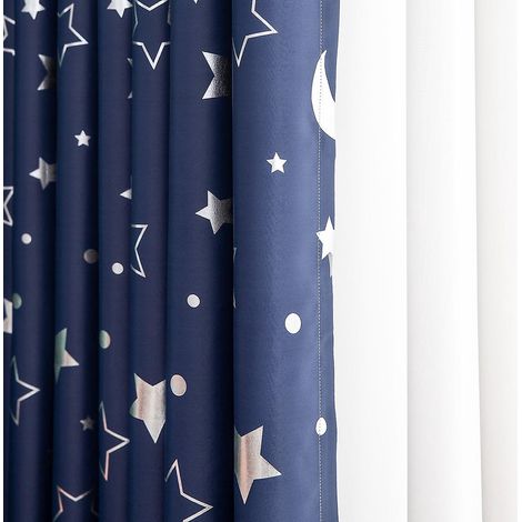 Rideau en deux parties à motif d'étoiles et de lunes argentées, totalement occultant, isolant thermique, opaque, pour chambre et salon.
