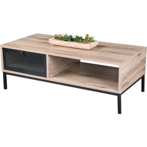 Mesa baja de madera con un cajón de rejilla y un nicho – dimensiones 100x50xH36 cm – Colección METALIX
