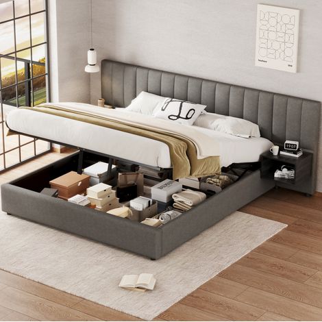 lit adulte coffre 180x200 avec chevets lin gris noir OKMYHOME (1/5)