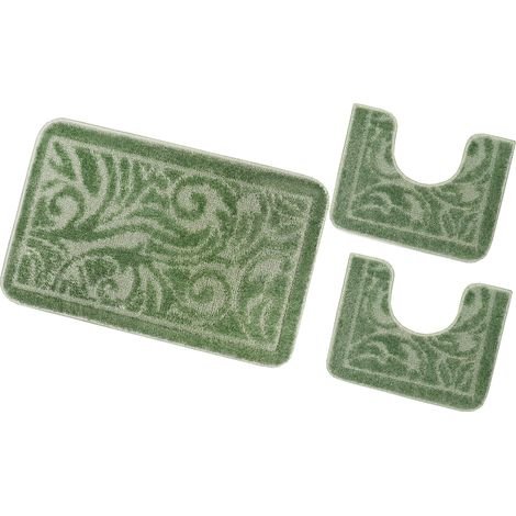Tappeto Bagno Damascato Parure Set 3 Pezzi Morbido Soffice Assorbente Antiscivolo Lavabile - Verde