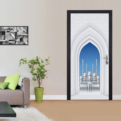 1 poster 3D mural, Palais Blanc Grande Mosquée de La Mecque, autocollant PVC imperméable, décoration intérieure pour porte ou mur (1/5)