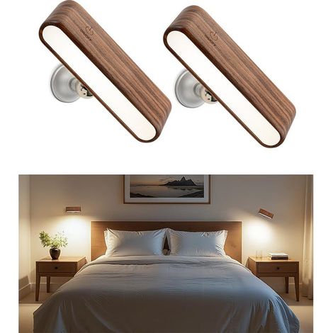(2er-Set, Walnussfarbe) LED-Wandleuchte in Holzoptik, 360° drehbare Magnethalterung, Nachtlicht, ideal fürs Schlafzimmer